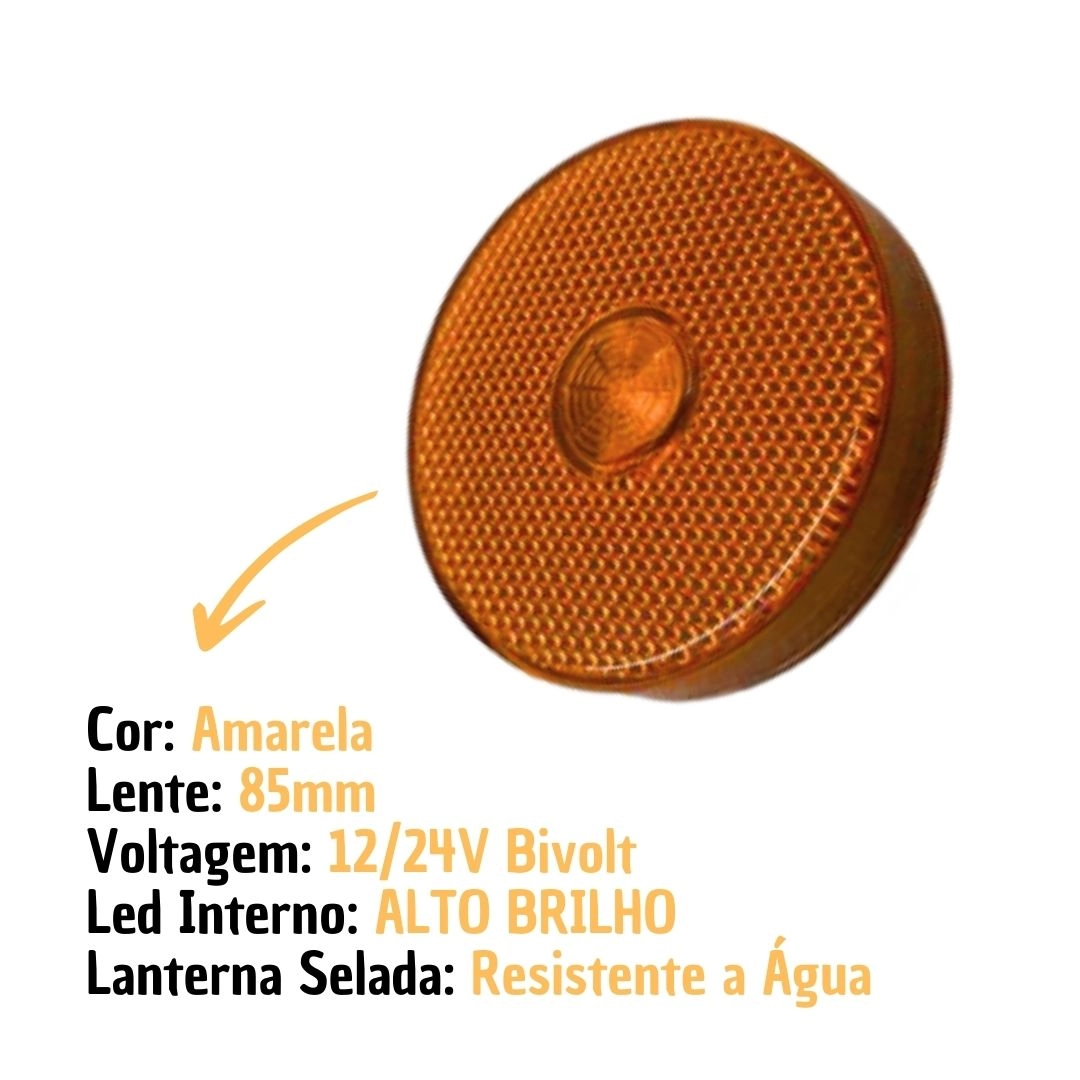 Lanterna Lateral Implemento G 85mm Sem Suporte LED Amarela Para Carreta Caminhão Trailer Reboque Lanterna Lateral Implemento G 85mm Sem Suporte LED Amarela Para Carreta Caminhão Trailer Reboque