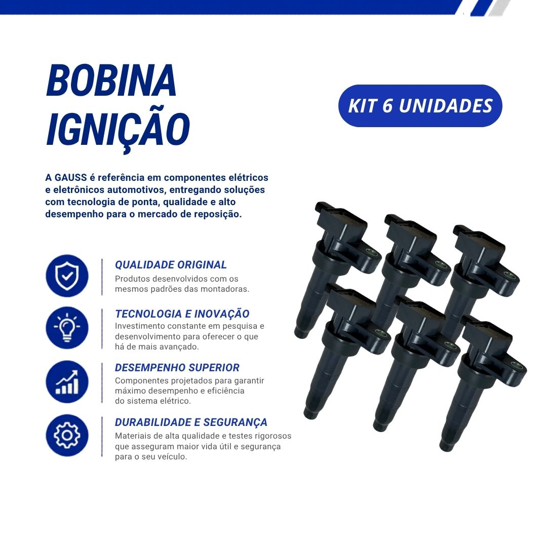 Kit 6 Bobinas de Ignição Tipo Caneta 12V 2 Pinos Para Hyundai Azera 3.3 V6 Sonata 3.3 V6 Kia Sorento 3.5 V6 Magentis Gau