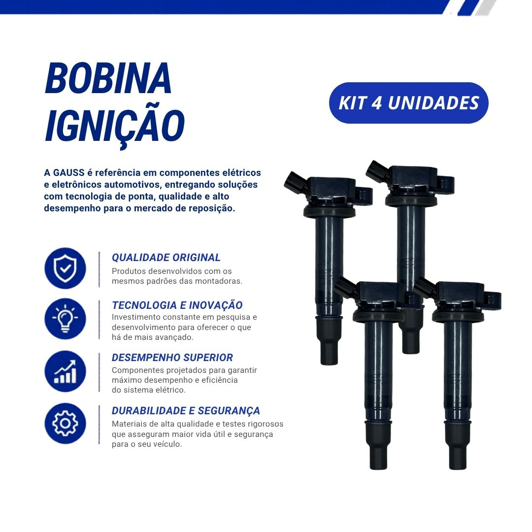 Kit 4 Bobinas de Ignição Tipo Caneta 4 Pinos Toyota Hilux 2.7 16V Flex Gasolina 2008 a 2023 RAV4 2.0 2.4 Gauss GAGC4248 Kit 4 Bobinas de Ignição Tipo Caneta 4 Pinos Toyota Hilux 2.7 16V Flex Gasolina 2008 a 2023 RAV4 2.0 2.4 Gauss GAGC4248
