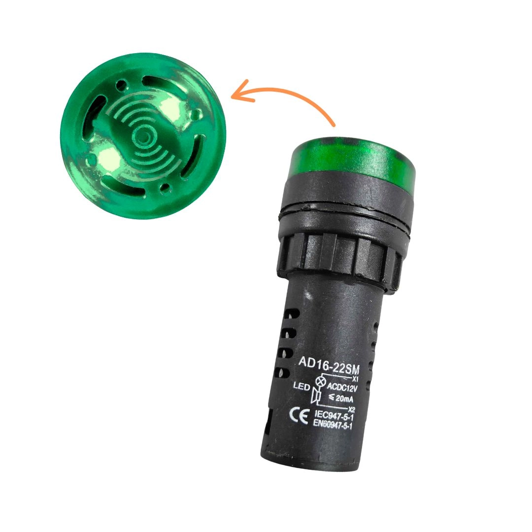 Alarme Sonoro Buzzer Sinaleiro LED Verde Audiovisual 12Vdc