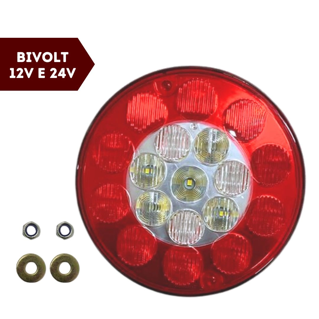 Lanterna Traseira LED Redonda Bivolt 135mm 4 Vias Posição Freio Ré Universal Caminhão Carreta Sinal Sul