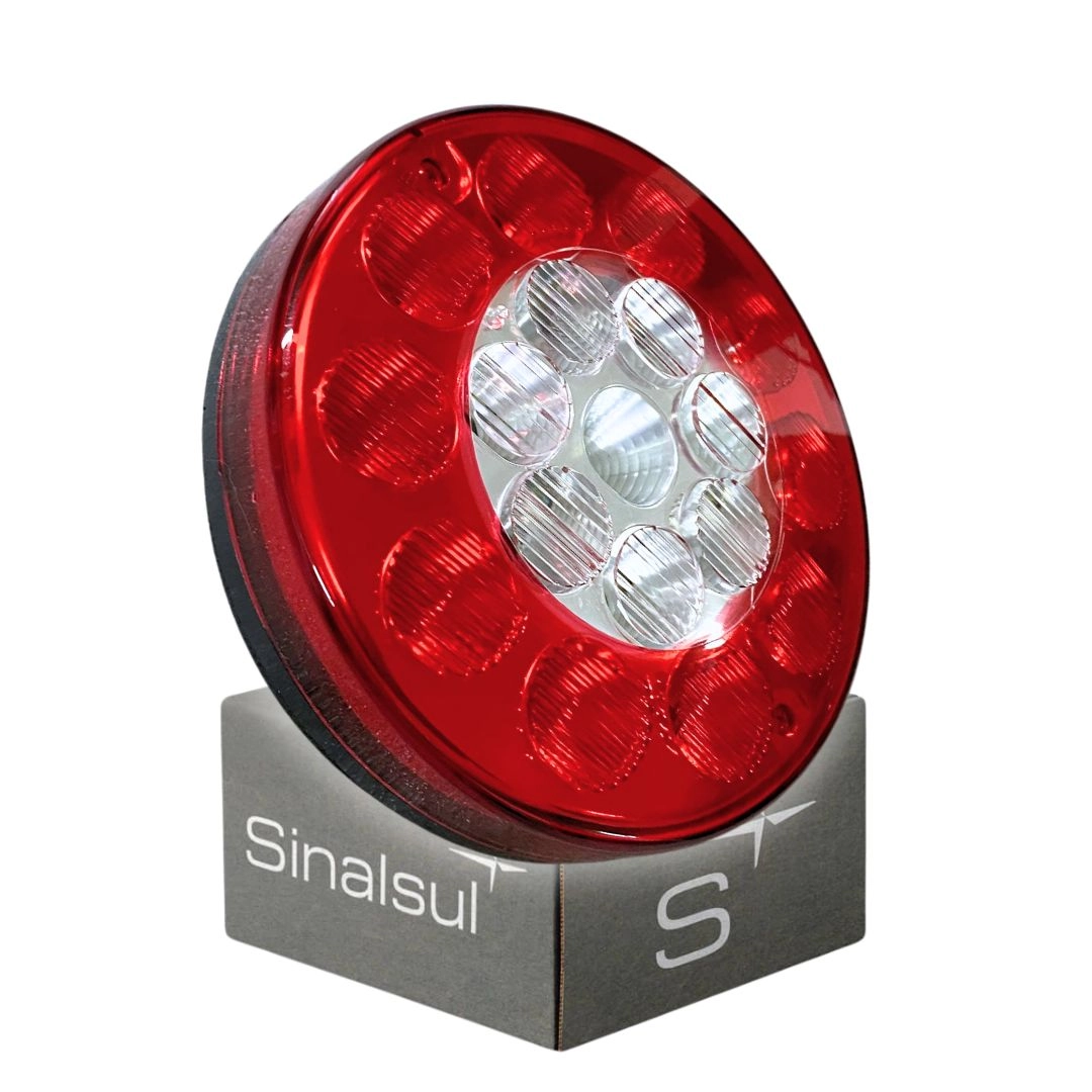 Lanterna Traseira LED Redonda Bivolt 135mm 4 Vias Posição Freio Ré Universal Caminhão Carreta Sinal Sul