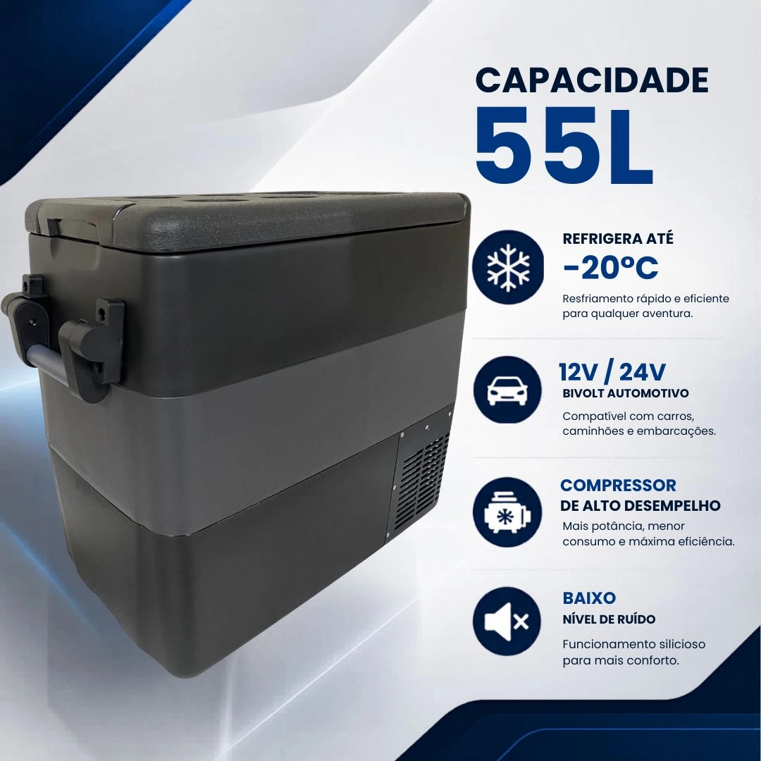 Geladeira Portátil 55 Litros 12V/24V 110v/220v Geladeira Caminhão Ônibus Van Freezer Camping Barco Lancha Pesca Geladeira Portátil 55 Litros 12V/24V 110v/220v Geladeira Caminhão Ônibus Van Freezer Camping Barco Lancha Pesca