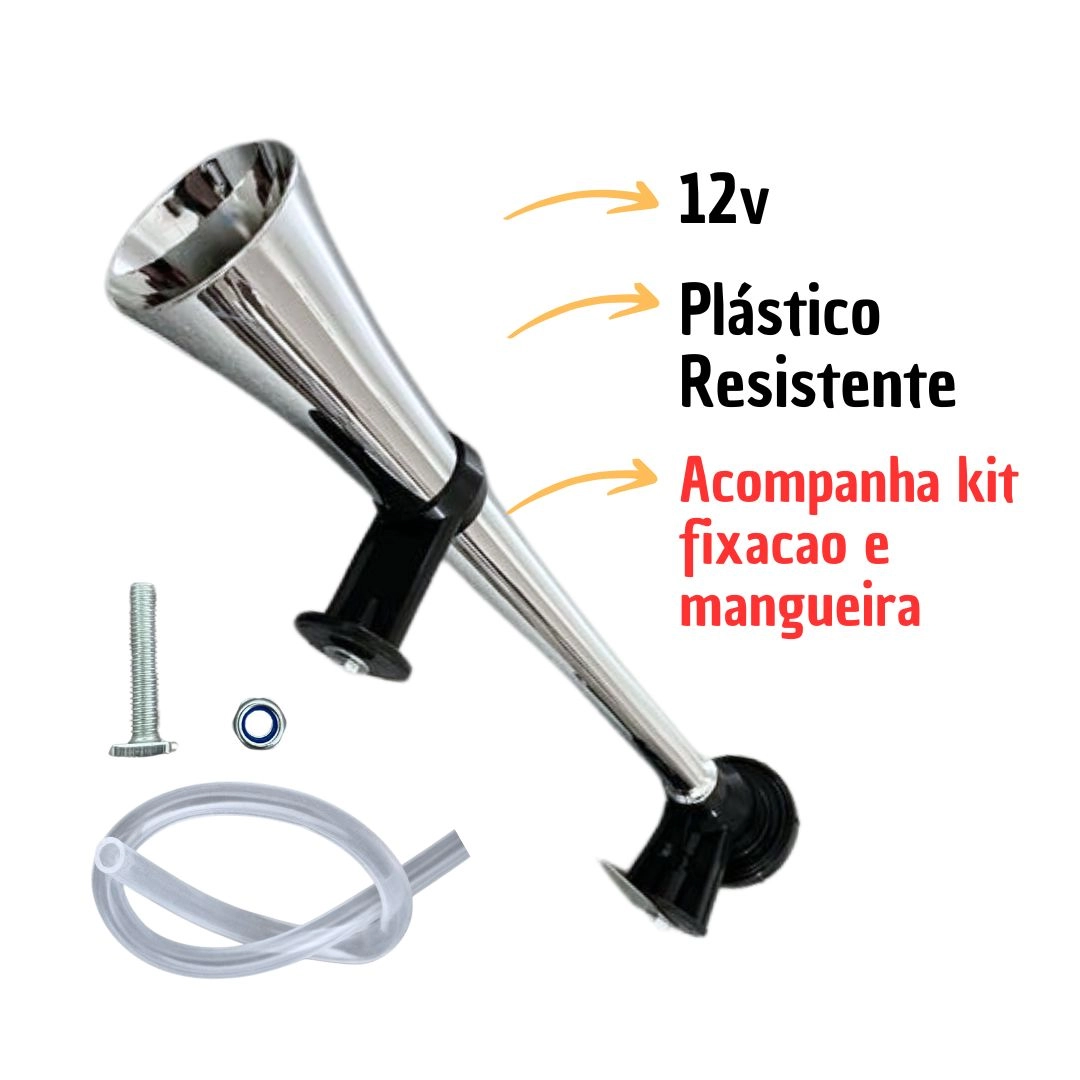 Kit Buzina 1 Corneta 12v Com Compressor e Mangueira Universal Carro Caminhão Vetor VT301C Kit Buzina 1 Corneta 12v Com Compressor e Mangueira Universal Carro Caminhão Vetor VT301C