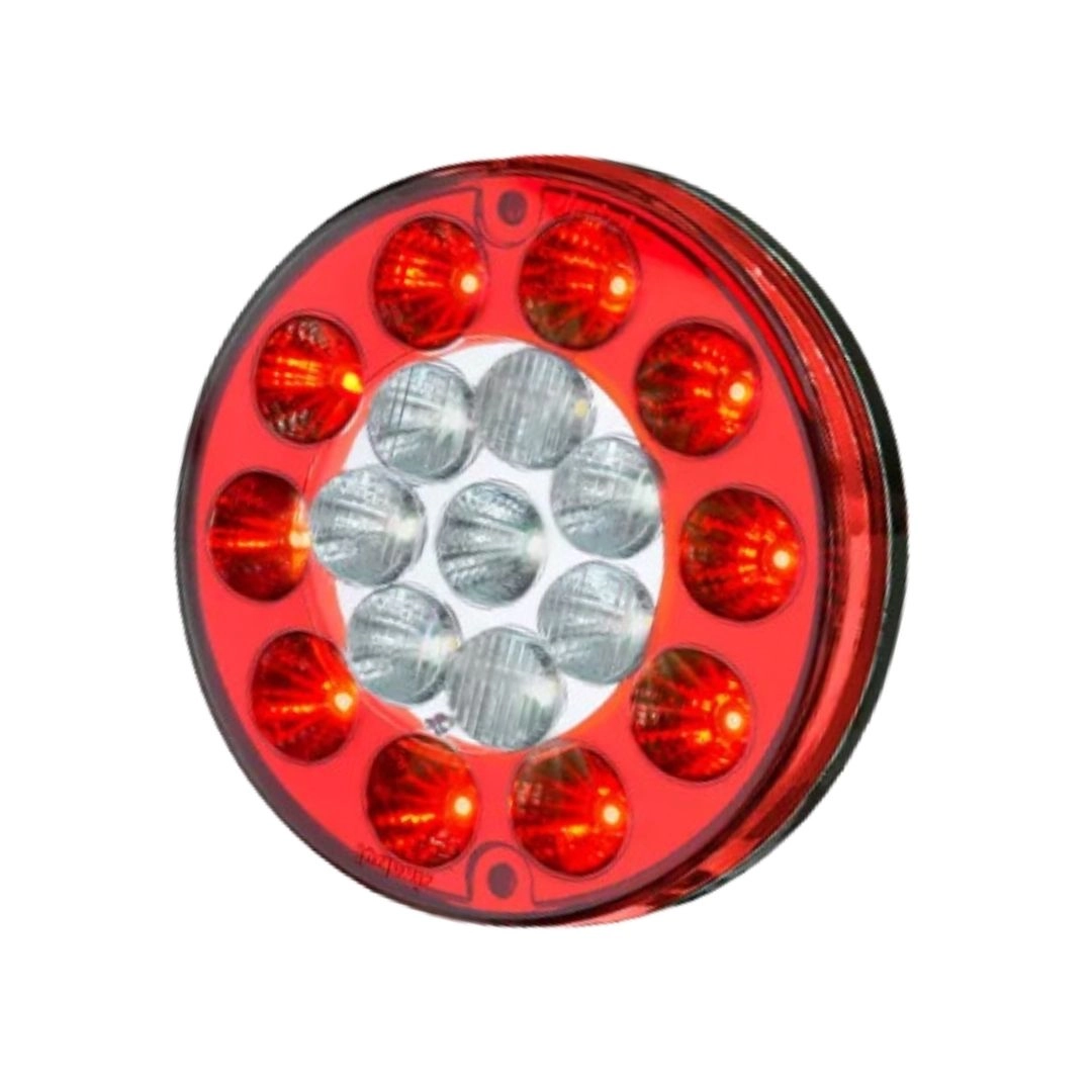 Lanterna Traseira LED Redonda Bivolt 135mm 4 Vias Posição Freio Ré Universal Caminhão Carreta Sinal Sul