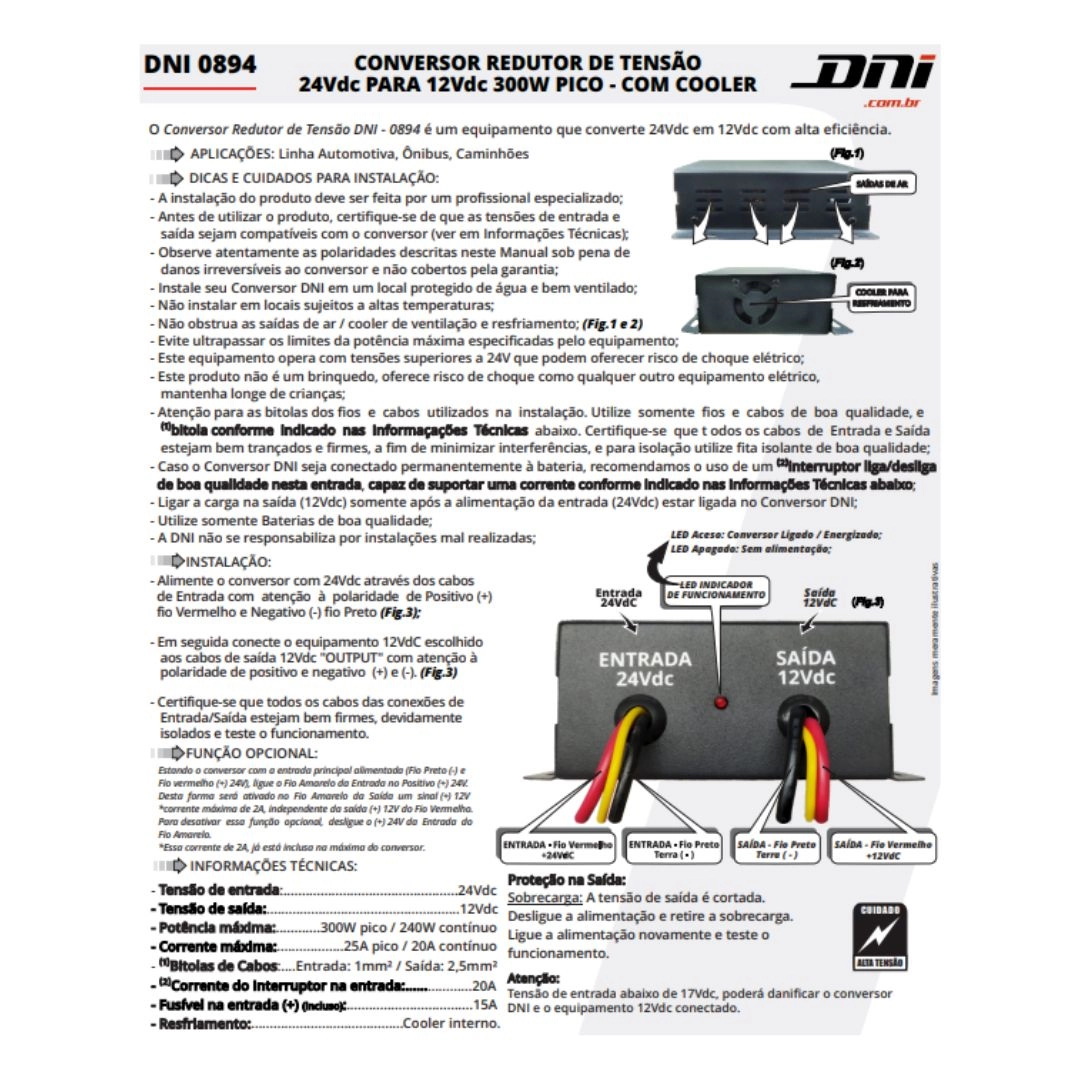 Par Inversor Conversor Voltagem 24V para 12V 300W C/ Cooler Par Inversor Conversor Voltagem 24V para 12V 300W C/ Cooler
