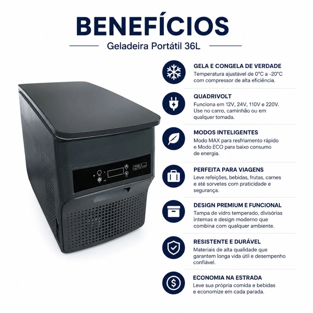 Geladeira Portátil 36 Litros 12V/24V 110v/220v Caminhão Ônibus Van Camping Barco Lancha Pesca Geladeira Portátil 36 Litros 12V/24V 110v/220v Caminhão Ônibus Van Camping Barco Lancha Pesca