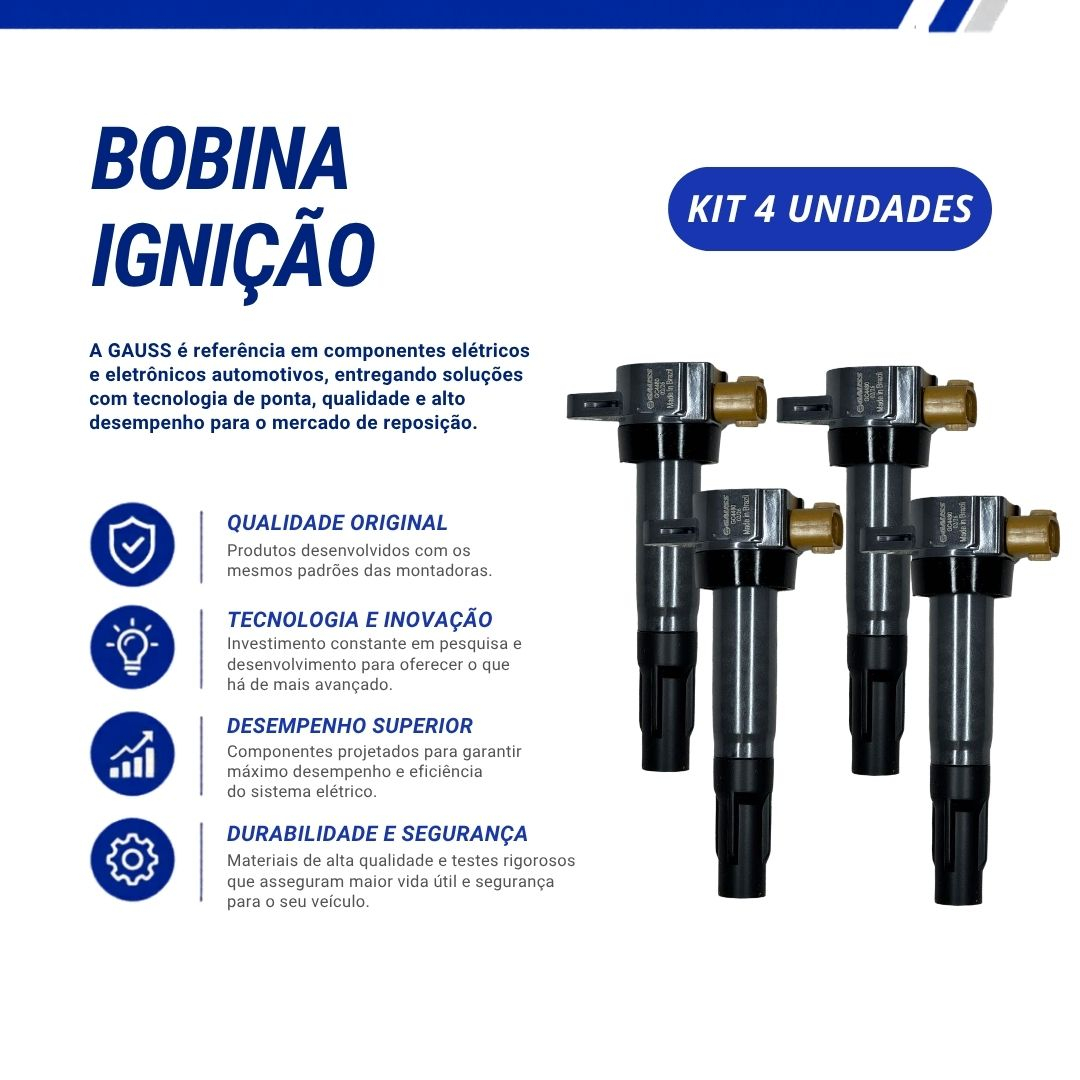 Kit 4 Bobinas de Ignição Para Suzuki Vitara 1.6 2016 a 2020 S-Cross 1.6 2015 a 2016 Tipo Caneta 3 Pinos Gauss Kit 4 Bobinas de Ignição Para Suzuki Vitara 1.6 2016 a 2020 S-Cross 1.6 2015 a 2016 Tipo Caneta 3 Pinos Gauss