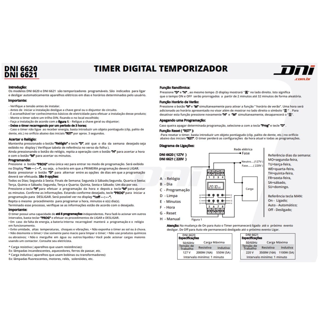 Timer Digital Trilho Quadros 220V 56 Programações DNI 6621