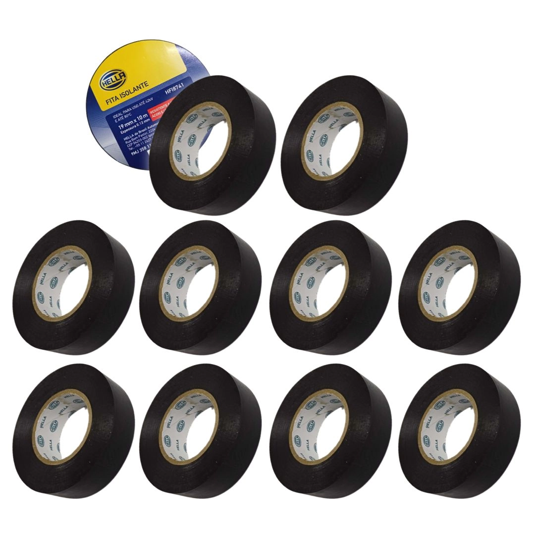 Kit 10 Fita Isolante 19mm 10m Resistente Fogo Umidade Hella Kit 10 Fita Isolante 19mm 10m Resistente Fogo Umidade Hella