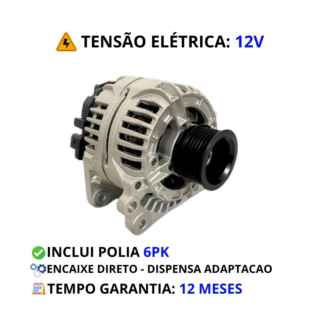 Alternador de Energia Elétrica 12V 90A Polia Estriada 6 Canais Linha VW Gol GTI Quadrado G2 Bola G3 Fox Golf Polo Kombi 