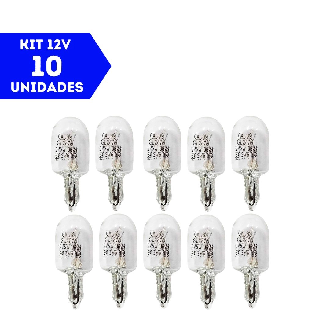 Kit 10 Lâmpada Pingo D'Água Lâmpada Pingão W5W 12v 5W Halógena Universal Gauss GL2825