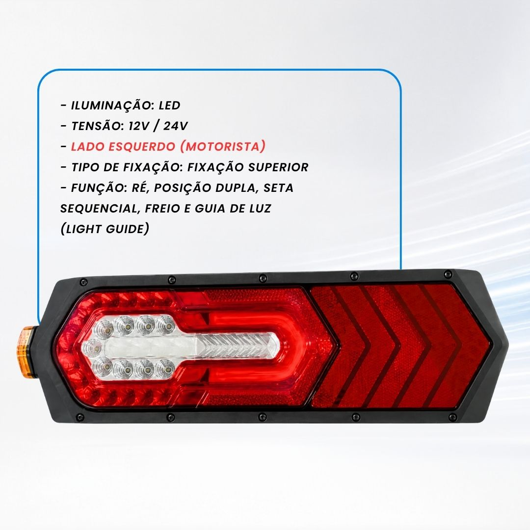 Lanterna Traseira LED Bivolt 12V 24V Com Guia de Luz e Seta Sequencial Lado Esquerdo Para Caminhões Carretas e Implemento Lanterna Traseira LED Bivolt 12V 24V Com Guia de Luz e Seta Sequencial Lado Esquerdo Para Caminhões Carretas e Implemento