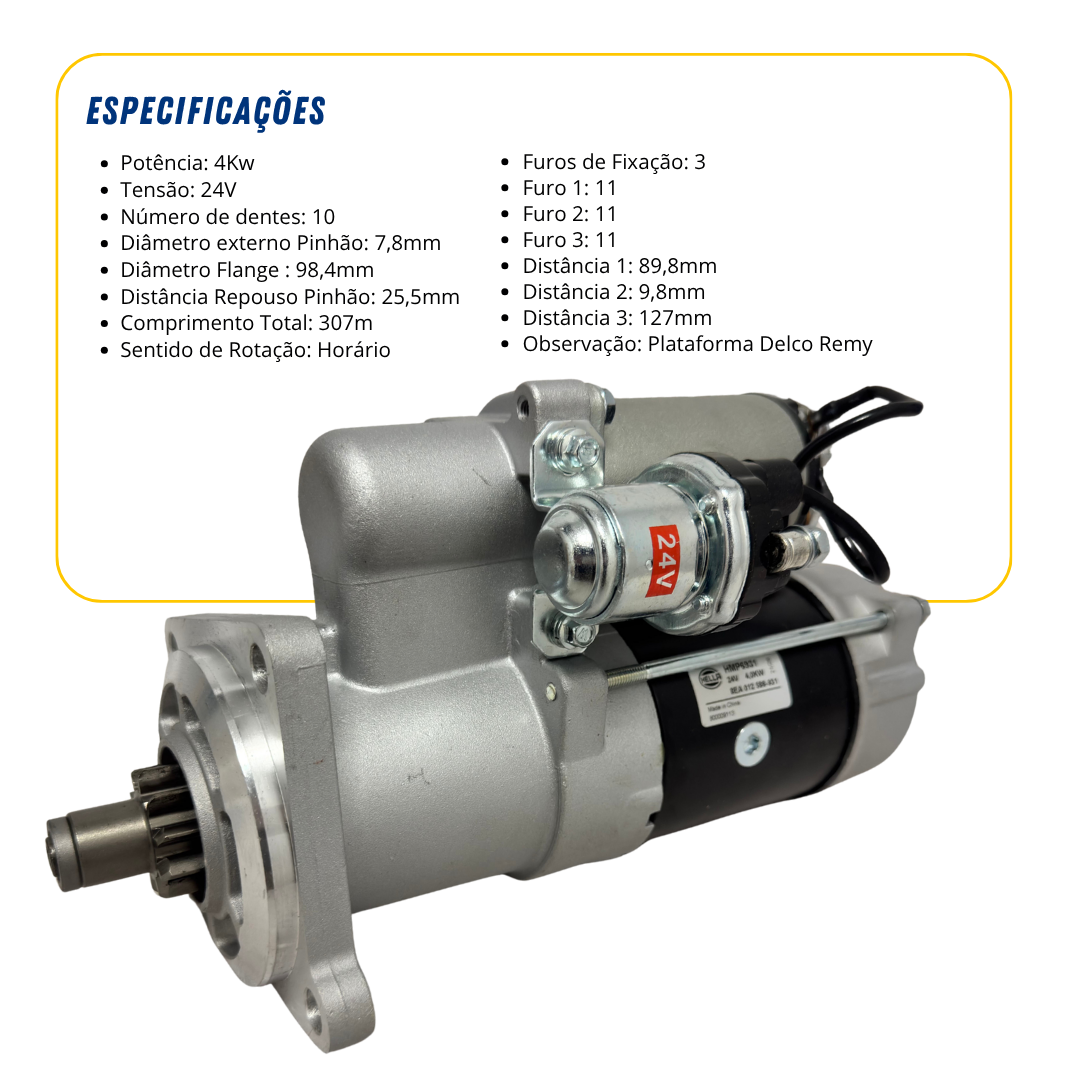 Motor de Partida Arranque 24V 10 Dentes 4.0kW Para Volvo VM 210 260 310 VW Constellation Agrale Volare Hella Motor de Partida Arranque 24V 10 Dentes 4.0kW Para Volvo VM 210 260 310 VW Constellation Agrale Volare Hella