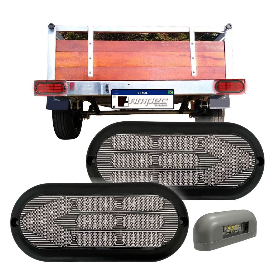 Kit Lanterna Traseira 18 LED Bivolt Cristal Com Luz de Placa Para Reboque Carretinha Universal