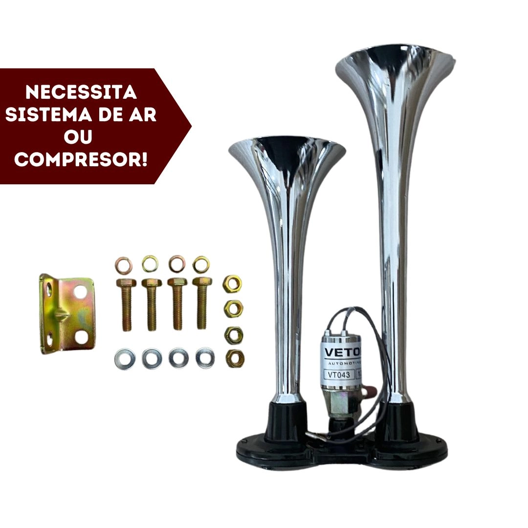  Buzina Corneta Dupla Cromada a Ar Com Válvula Elétrica Para Carro Universal 12V Vetor VT043